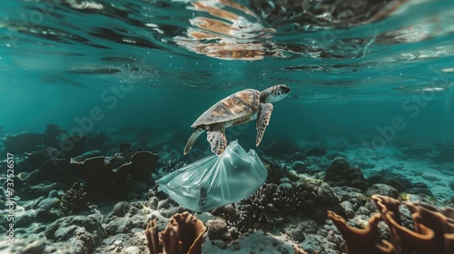 Plastic Pollution In Ocean - Turtle Eat Plastic Bag Environmental Problem © buraratn
