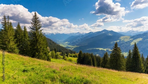 mountain landscape on a sunny day beautiful alpine countryside scenery with spruce trees grassy meadow on the hill rolling down in to the distant valley clouds on the blue sky