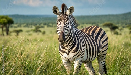 zebra standing in grass on safari watching curiously