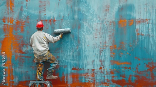 Roller Brush Painting, Worker painting on steel surface wall by the roller brush for protection and corrosion.