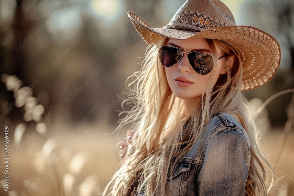 Fashion portrait of a lovely blonde woman outdoors wearing a cowboy hat sunglasses and with a blurred background Fashion portrait of a lovely blonde woman outdoors wearing a cowboy hat sunglasses and with a blurred background
