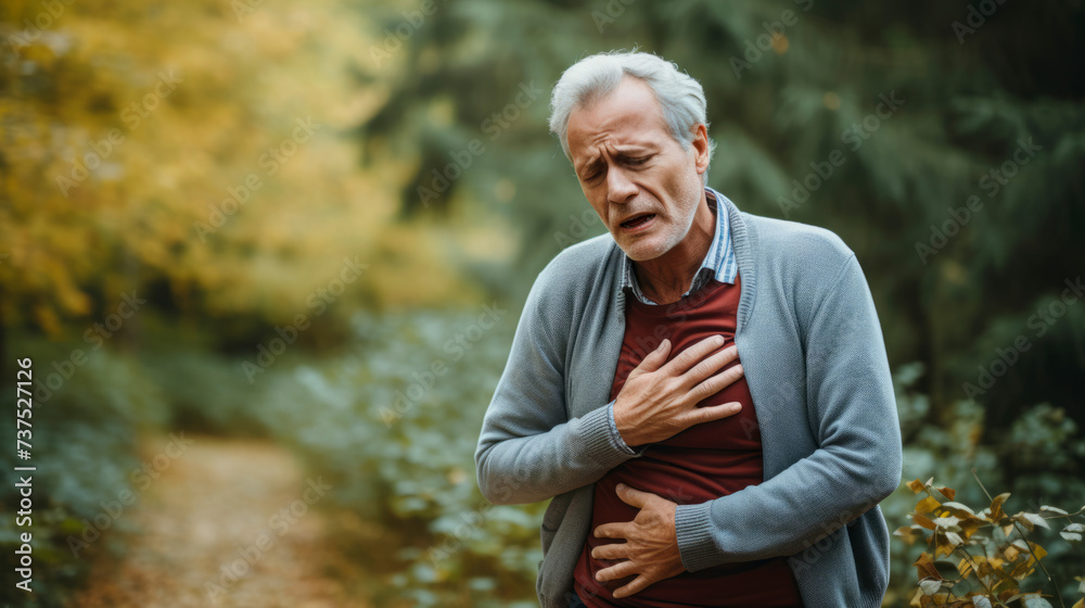 Amidst autumn hues, a man clutching his chest with a worried expression highlights a poignant health concern, reflecting deep unease in a serene outdoor setting.
