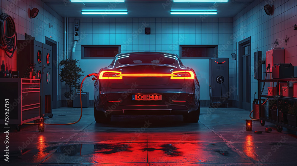 Electric car charging in the garage at night. - obrazy, fototapety, plakaty 