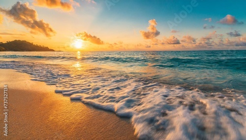peaceful nature scenic relax paradise amazing closeup view of calm ocean bay waves with orange sunrise sunset sunlight tropical island vacation holiday beach landscape exotic sea shore coast © Sawyer