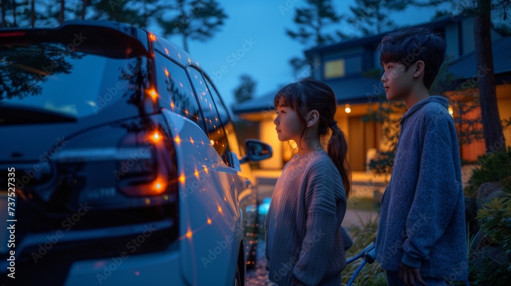 Japanese kids in front of a car with lights in the background of house in evening. Japanese kids in front of a car with lights in the background of house in evening.