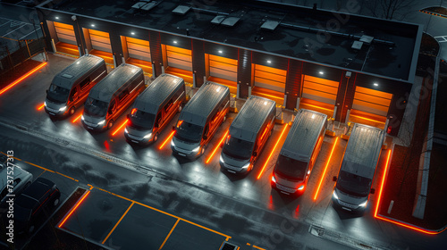 Above view of row of bus cargo trucks parked in a warehouse in night. Orange lights.