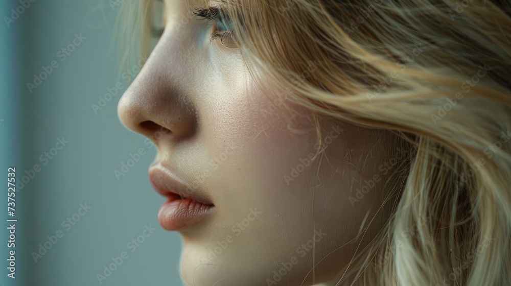 Young woman profile portrait, over grey background. Beauty female, model girl face close-up. Aesthetic medicine. Blonde model with perfect skin Young woman profile portrait, over grey background. Beauty female, model girl face close-up. Aesthetic medicine. Blonde model with perfect skin
