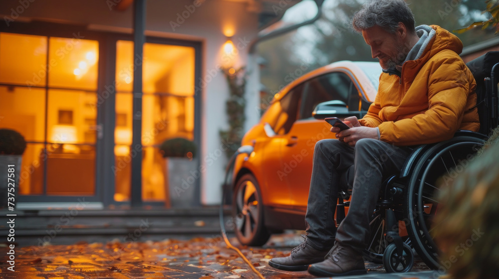 Mature disabled man in wheelchair using mobile phone while sitting in front of his car, while charging from electric. - obrazy, fototapety, plakaty 