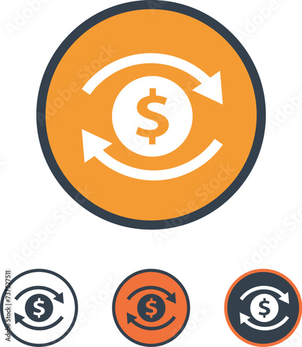 Dollar sign with circular arrows icon set in different color variations.