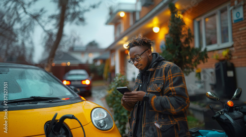 Young african american man in checkered jacket and eyeglasses using mobile phone while standing near electric scooter and yellow car.