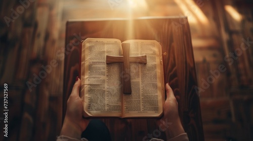 beautiful cross on a bible on an altar in a beautiful church in high resolution photo