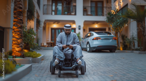 Arabic man driving a self driving electric whellchair in the city, looking on phone against his mansion and car. photo