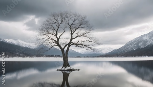 A bare tree with branches on the shore of a still lake reflecting the tree, with snow-capped mountains in the background under a cloudy sky