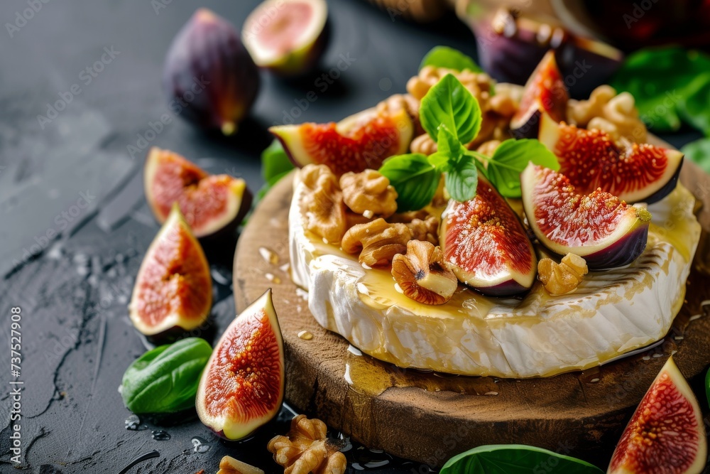 Delicious concept baked brie with figs nuts and honey