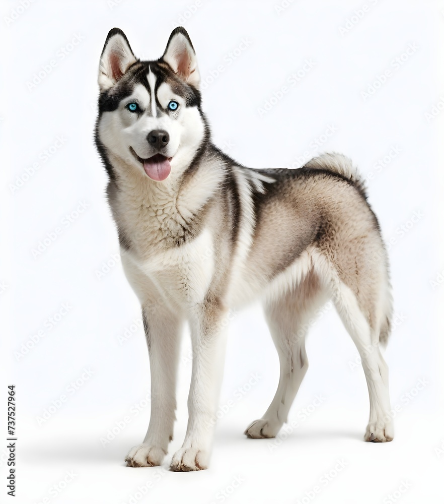  A siberian-husky-dog with blue eyes standing against a white background