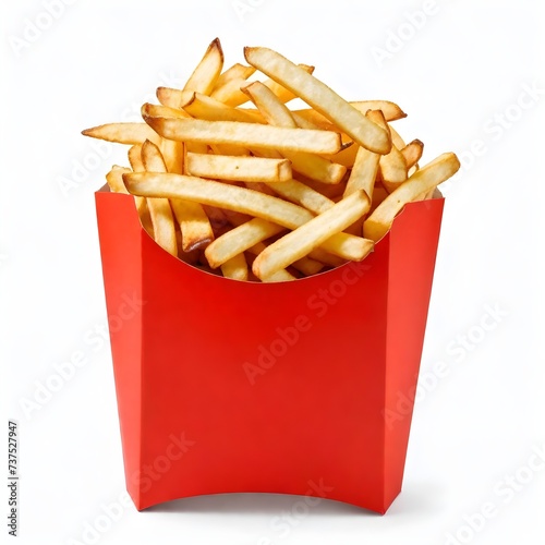french fries pommes in red paper bag on a white background