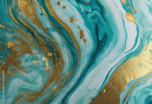 Acrylic Fluid Art Blue aquamarine waves and gold inclusion Abstract marble background