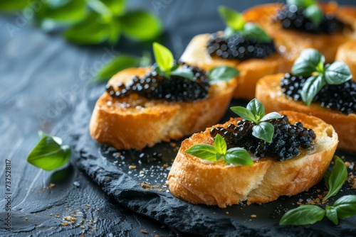 Delicious bruschettas featuring black caviar against a dark backdrop