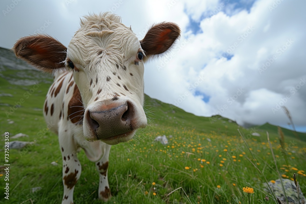 Content cow grazing happily in the Swiss Alps surrounded by companionship and serene landscapes observed and reported on in close up details including its brow
