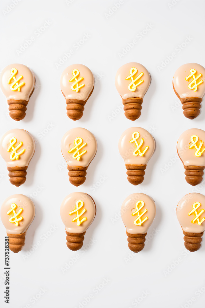 Creative idea concept. Top view light bulbs cookies on white background. AI generated