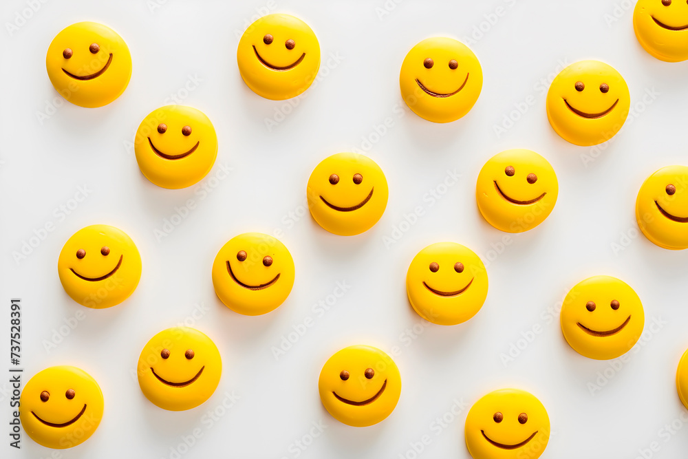 Fototapeta premium Smile face cookies pattern on white background. Flat lay, top view. AI generated