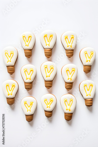 Creative idea concept. Top view light bulbs cookies on white background. AI generated