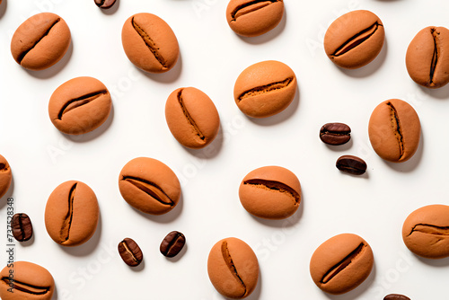 Coffee beans cookies on white background, top view. AI generated