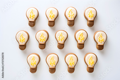 Creative idea concept. Top view light bulbs cookies on white background. AI generated