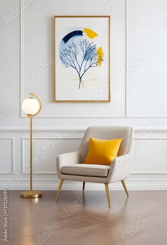 An interior design setup with a beige armchair with a yellow cushion, a small side table with a gold frame and a white top, a decorative vase with branches , a floor lamp with a gold stand © JazzRock