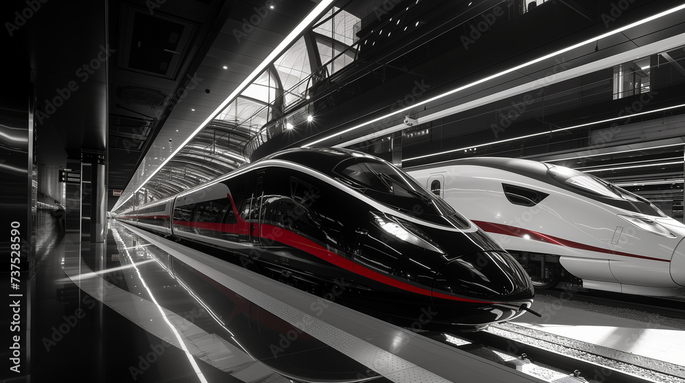 Black and white high-speed trains standing at a train station. The colors of image are black and white with a bright red accent. The concept of reducing emissions by increasing rail transportation.