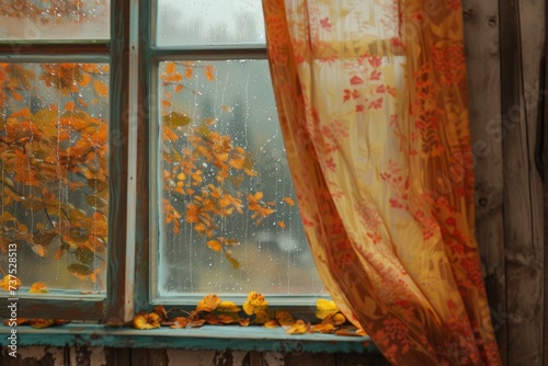 Curtained window during autumn rainfall