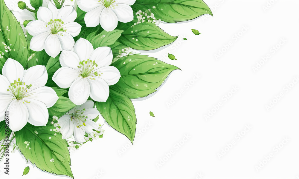 White flowers with green leaves on a white background with space for text_2 White flowers with green leaves on a white background with space for text_2