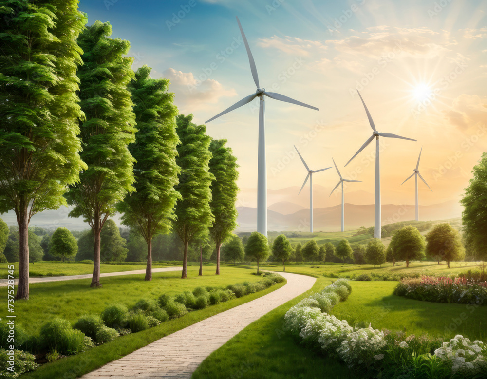 A serene landscape where wind turbines stand among tall trees, a cobblestone path leading the way under the soft glow of the morning sun, symbolizing sustainable harmony.