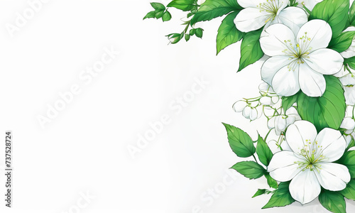 White flowers with green leaves on a white background with space for text_1