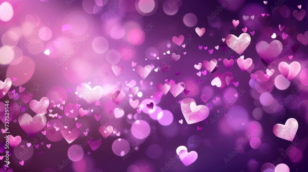 purple background various sized pink white bokeh hearts 
