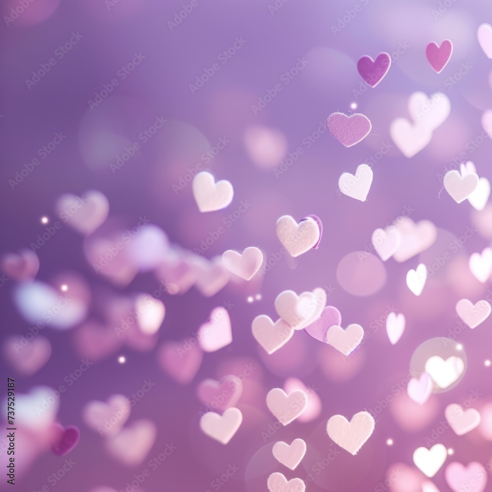 purple background various sized pink white bokeh hearts 
