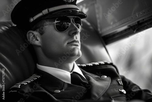 Commercial pilot in uniform idly resting or striking while wearing epaulets and hat photo