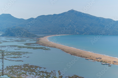 mugla dalaman lake dalyanlar and iztuzu beach opening to the sea at the end shots from above photo