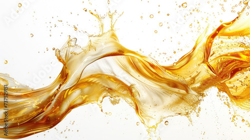 Dynamic splash of golden liquid in mid-air, creating an elegant and fluid motion on a white background.