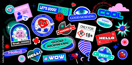 Sticker pack in trendy retro style. Vectors pins with smiley faces, text, cartoon comic label patches in bright color. Resource for social media, banners, posters. illustration of 90s graphic design