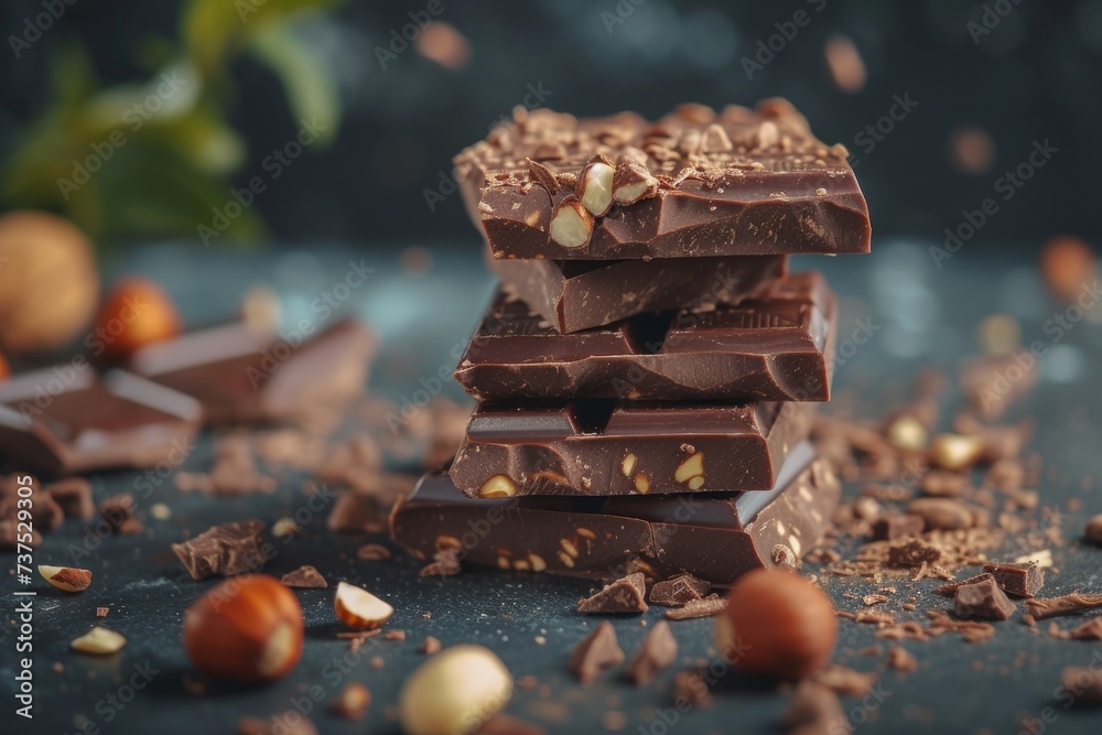Dark chocolate chunks in a sweet food photo concept - obrazy, fototapety, plakaty 