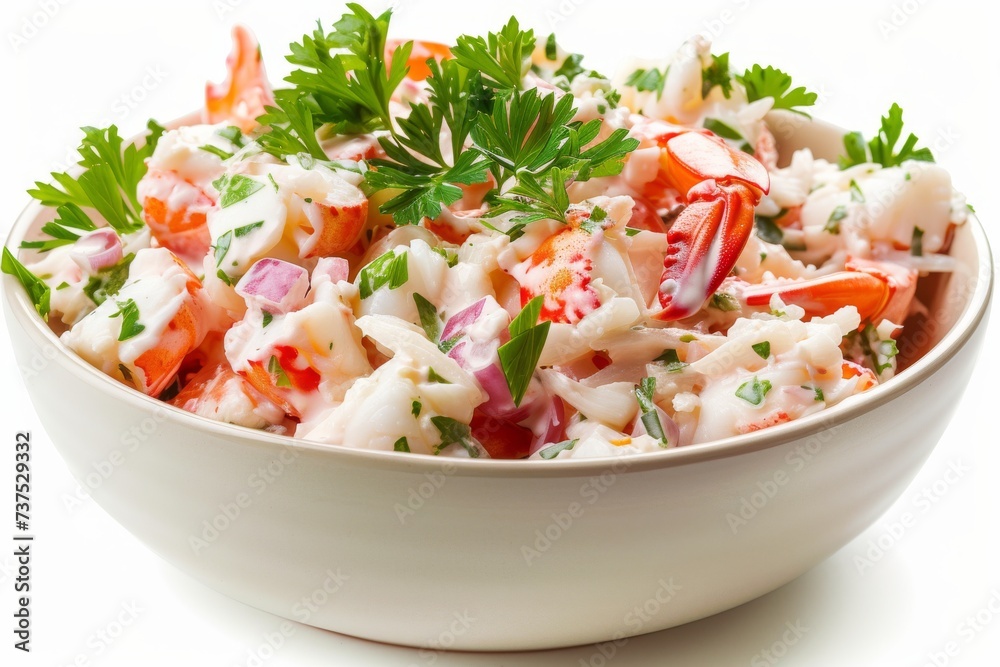 Delicious crab salad in a white bowl Delicious crab salad in a white bowl