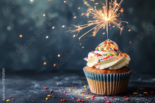 Birthday cupcake with sparkler and sprinkles for a party