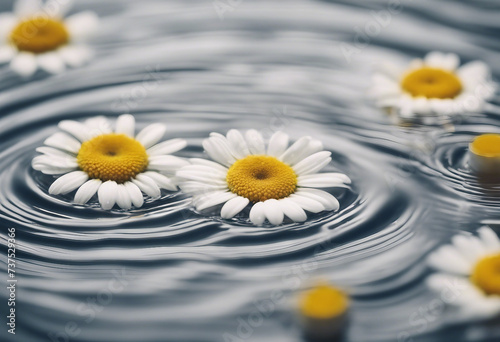 Chamomile flowers in white water background with concentric circles and ripples Natural beauty Spa concept