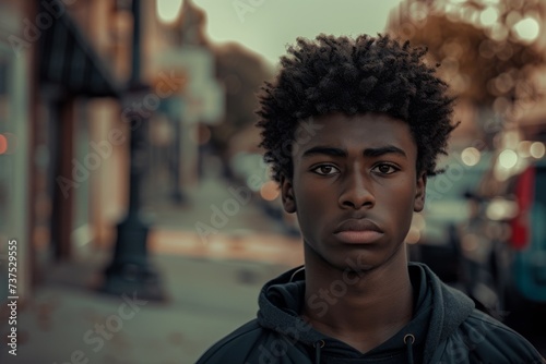 Close up portrait of a introspective African American hipster teen outdoors in the city