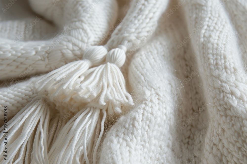 Fashion background of white cashmere wool with tassel detail in close up