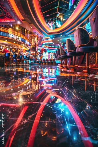 A vibrant casino floor illuminated by neon lights. Perfect for capturing the excitement and energy of a bustling casino.