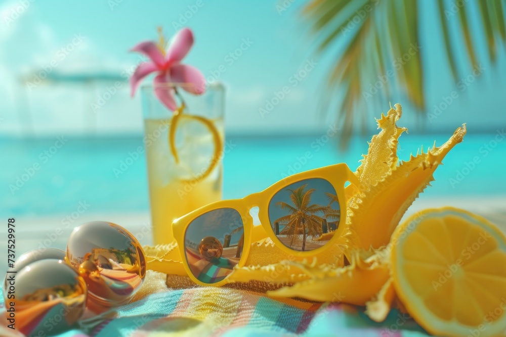 Yellow sunglasses sitting on top of a towel. Perfect for summer beach vibes