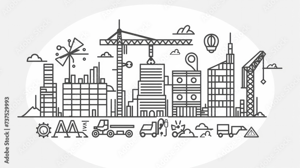 A vector illustration featuring a set of black and white line icons related to engineering, design, and construction