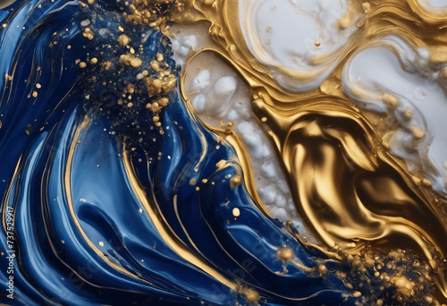 Dark blue waves in abstract ocean and golden foam Liquid acrylic artwork with flow and splash Brush strokes blue and gold paint splashes